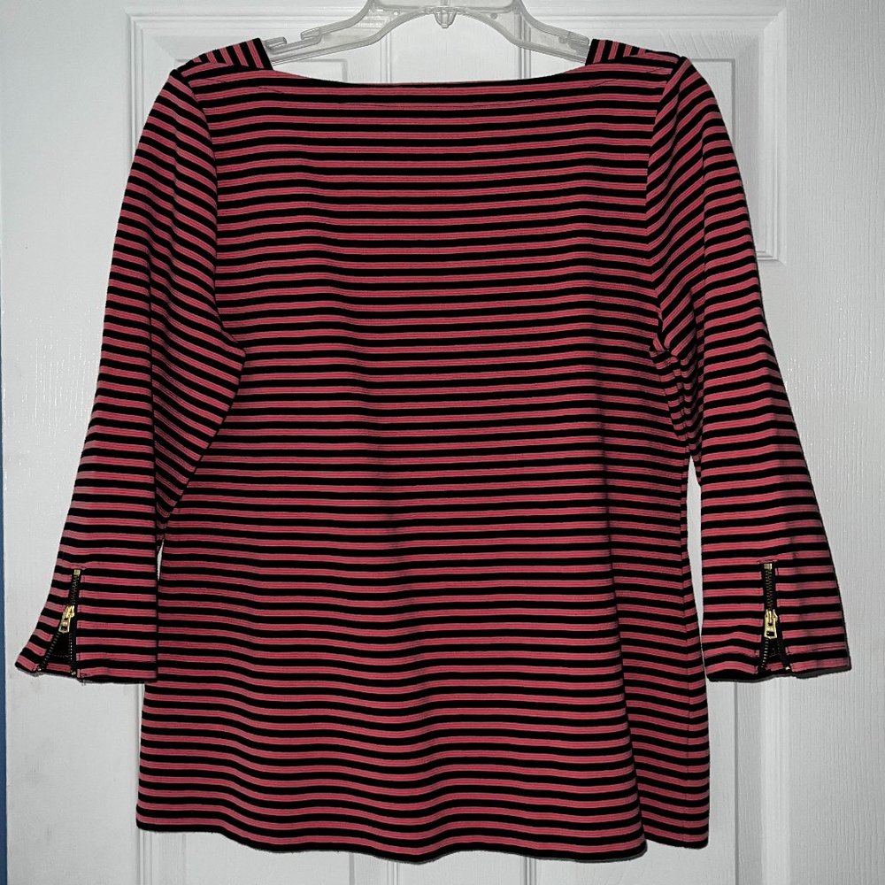 Talbots Striped 3/4 Zip Sleeve Pink Blue Blouse Tunic Cotton Stretch Size Large
